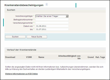 Abfragemaske der Krankenstandsbescheinigung online