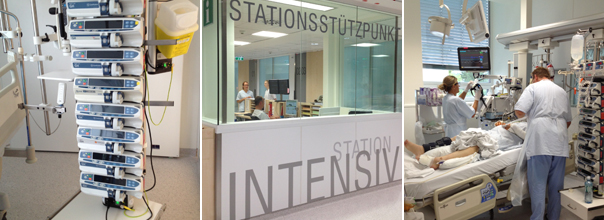 3er-Collage aus Bildern des St&uuml;tzpunktes der Intensivstation und Behandlungspl&auml;tzen
