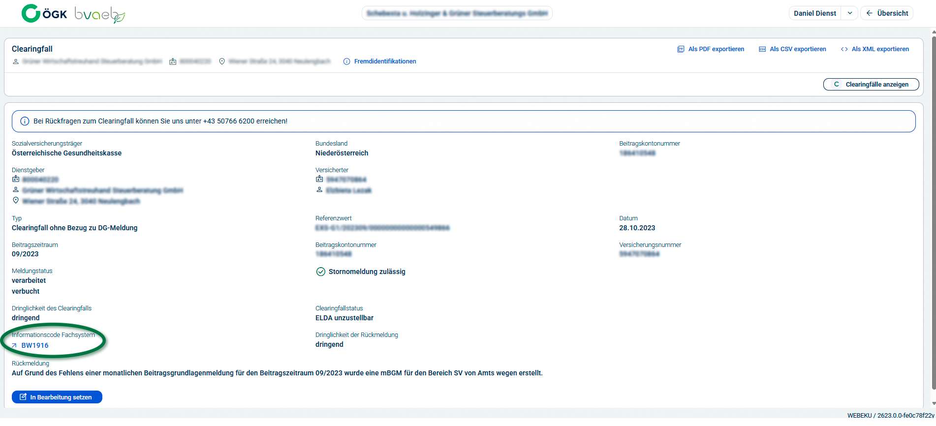 Screenshot eines Clearingfalles im DG-Dashboard